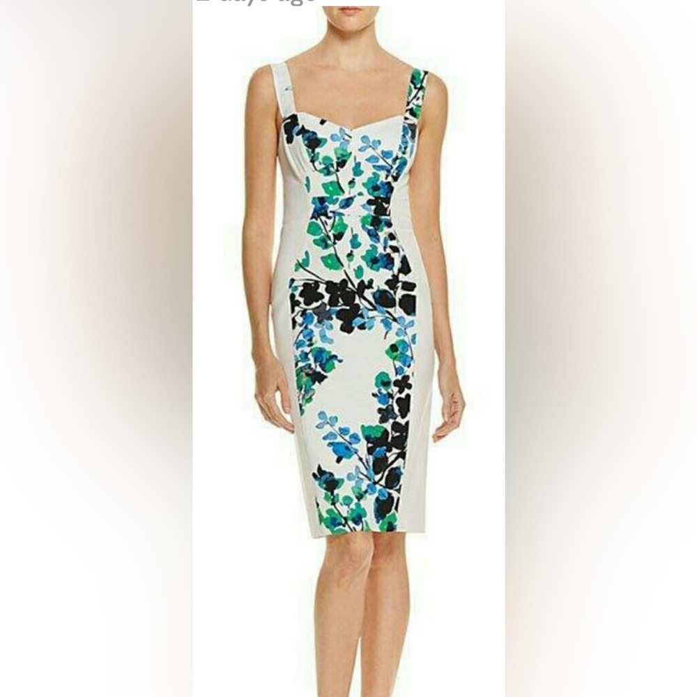 Black Halo Asymmetrical Dress in Cream with Blue and Green Floral